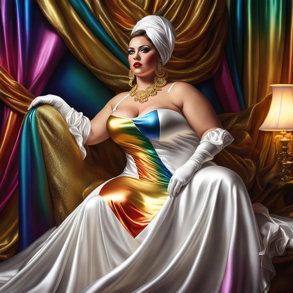 Realistic Artistic Sissy Satin Flamboyant Statuesque Glamorous Big Beautiful Women BBW Women wearing White and Gold Rain...