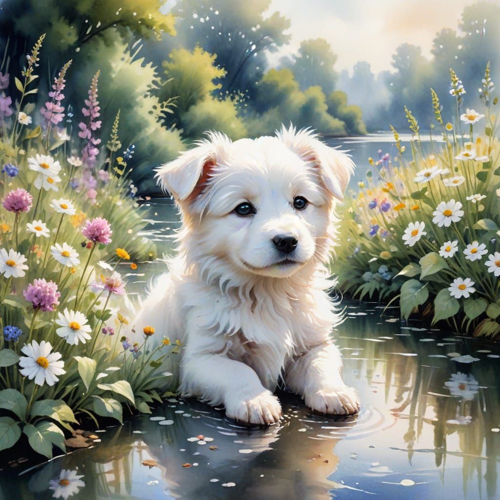 Fluffy Puppy in Wildflower Garden Watercolor Painting