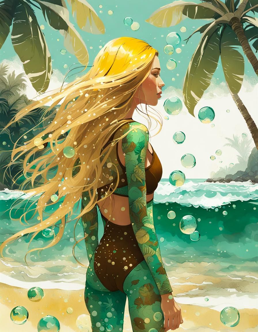 Tropical Beach Woman Digital Art Illustration