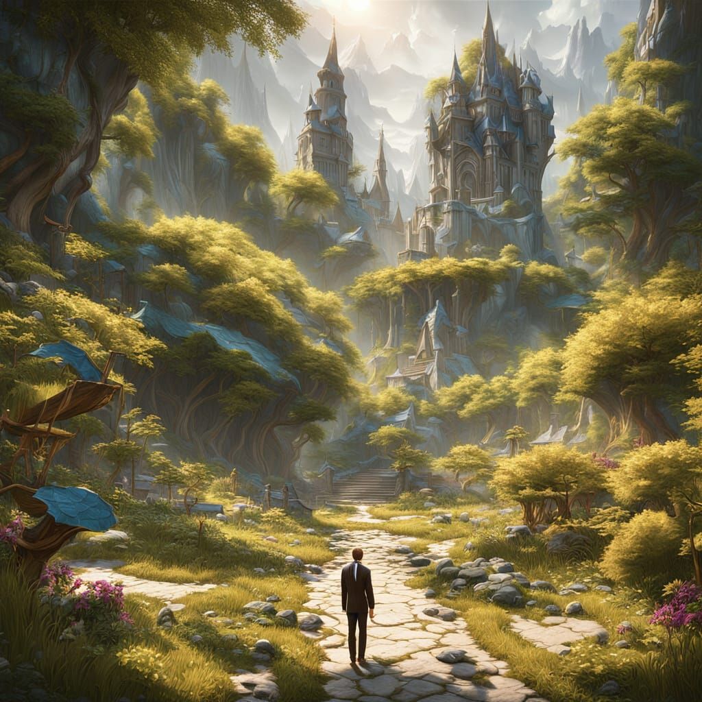 Whimsical Fantasy Garden Scene in Soft Golden Light