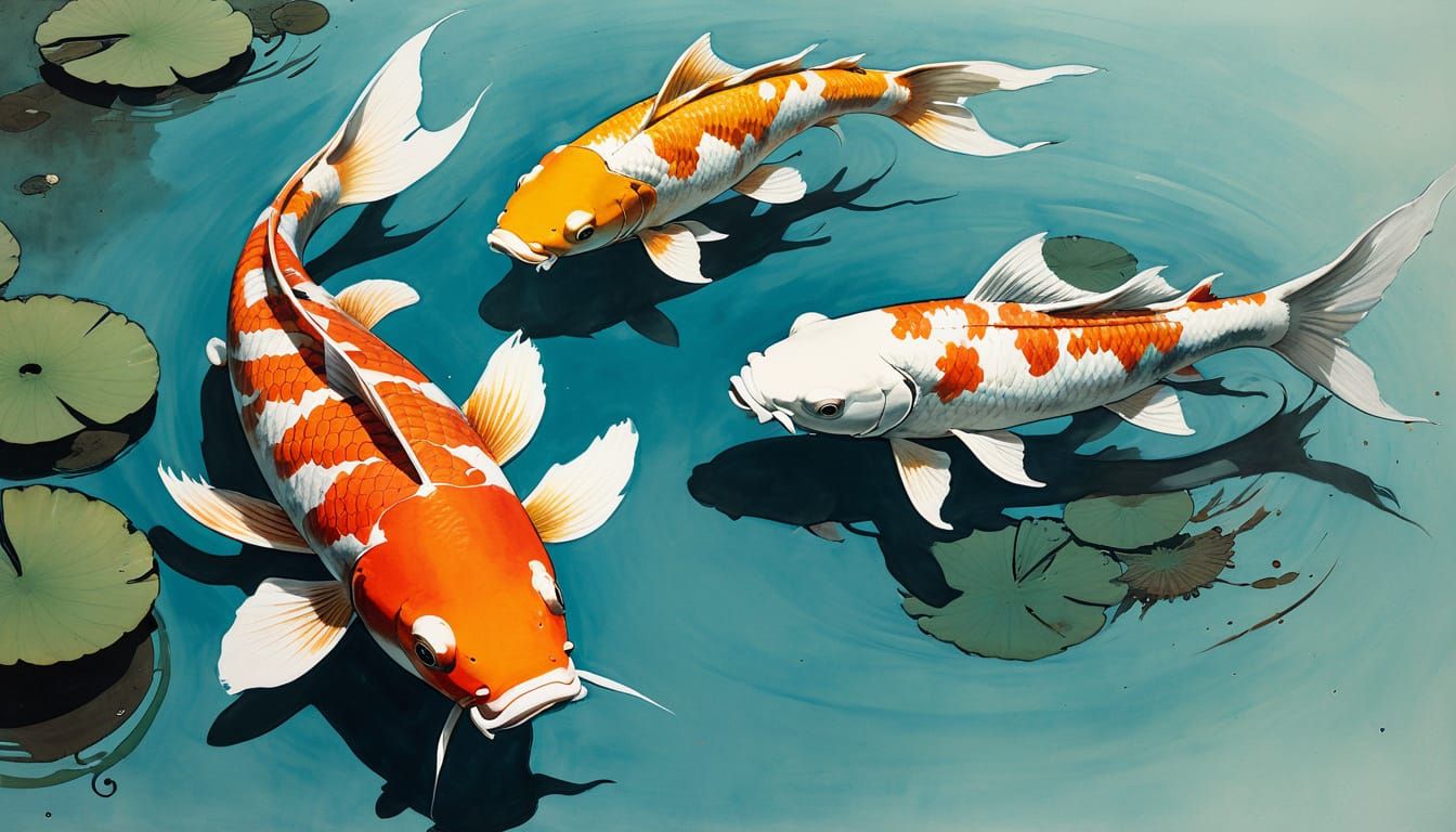 Koi Fish in Lotus Bloom, Minimalist Surrealist Art