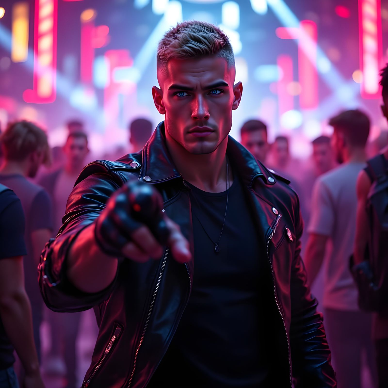 Blond Man Beckons in a Neon Nightclub, Anime Style