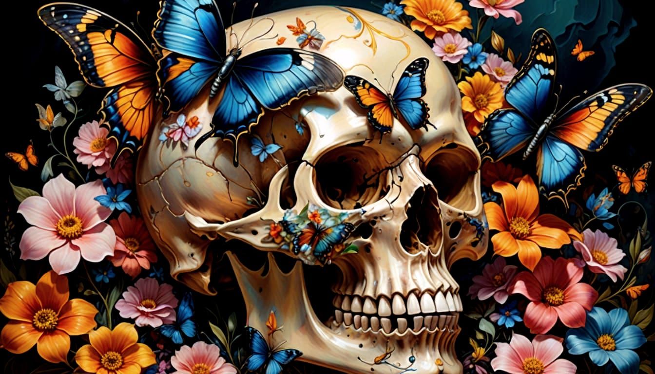 Surreal Floral Skull in Vibrant Oil Painting