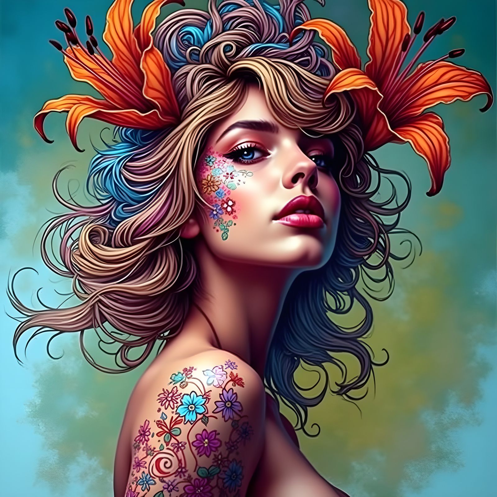 Psychedelic Tiger Lily in Watercolour Photoillustration Styl...