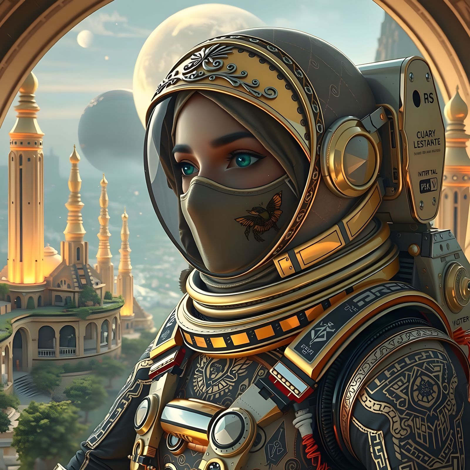 Retro-Futuristic Space Colonist in Elegant Hijab and Art Dec...