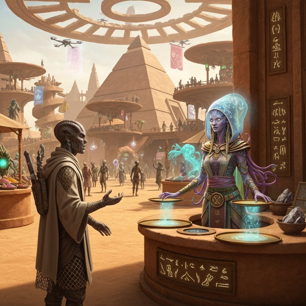 Bustling Alien Market in Desert Megacity