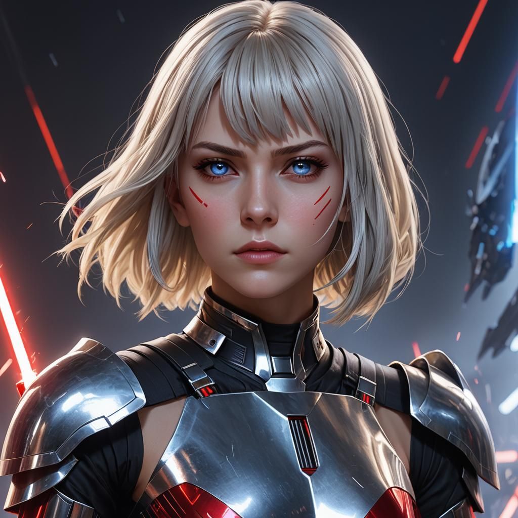 Star wars, Human sith, platinum blonde hair, blue eyes, silver armor, A-line bob hair cut with bangs, Red Lightning in b...