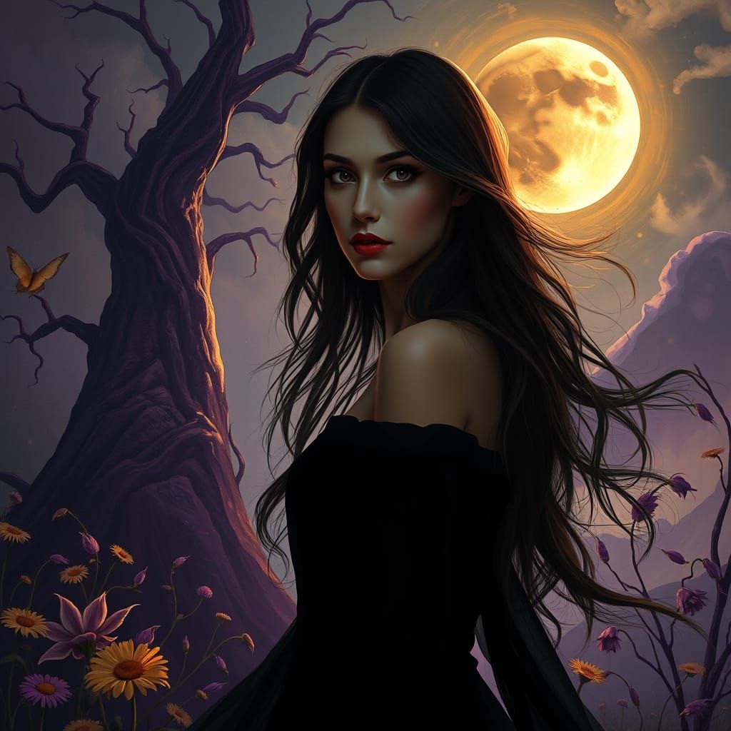 Mysterious Woman in Dreamlike Landscape Under Crescent Moon