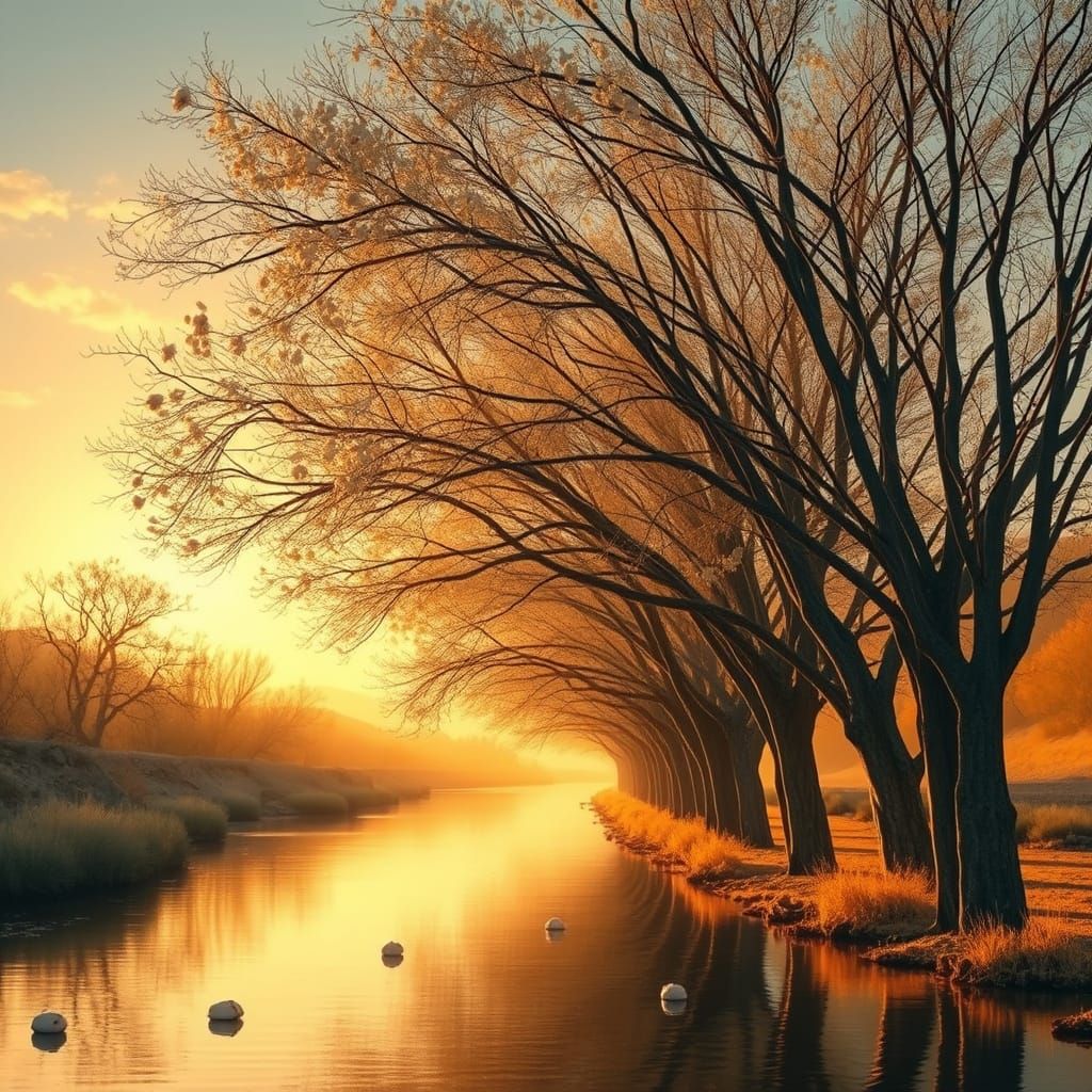 Cottonwood Trees Amidst a Golden New Mexico Sunset