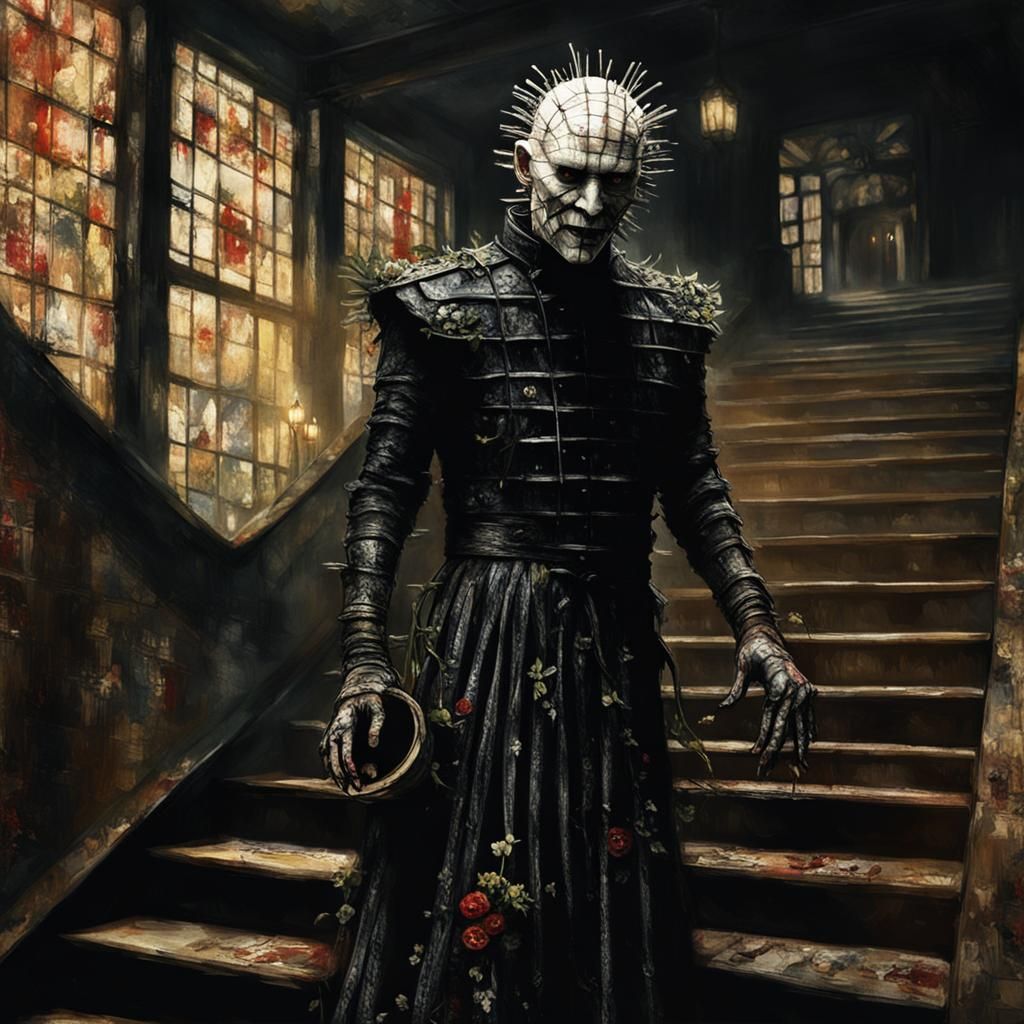 Pinhead Carries Baby Down Stairs in Chilling Mixed Media Art