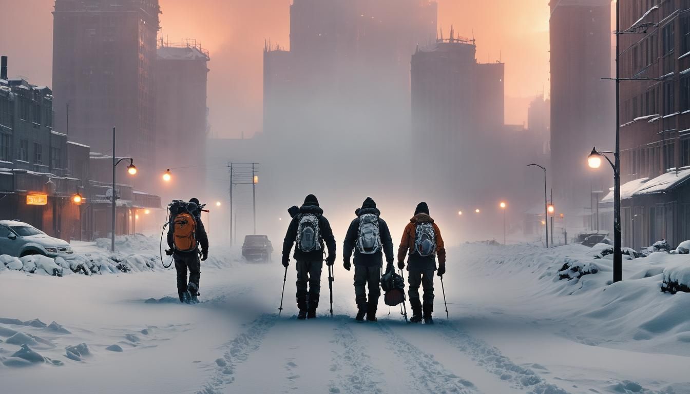 Survivalists Traverse a Desolate Winter Landscape in a Snow-...