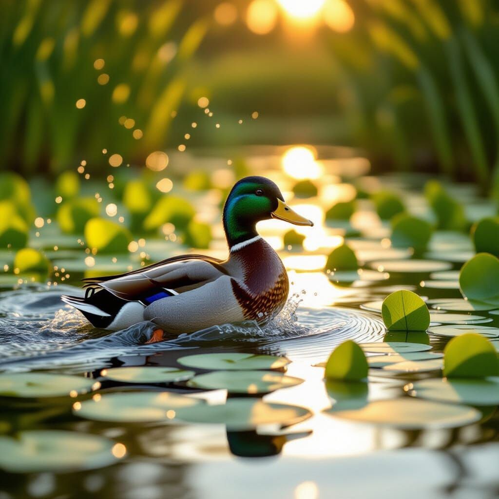 Mallard Duck Leaping in Lily Pond at Golden Hour