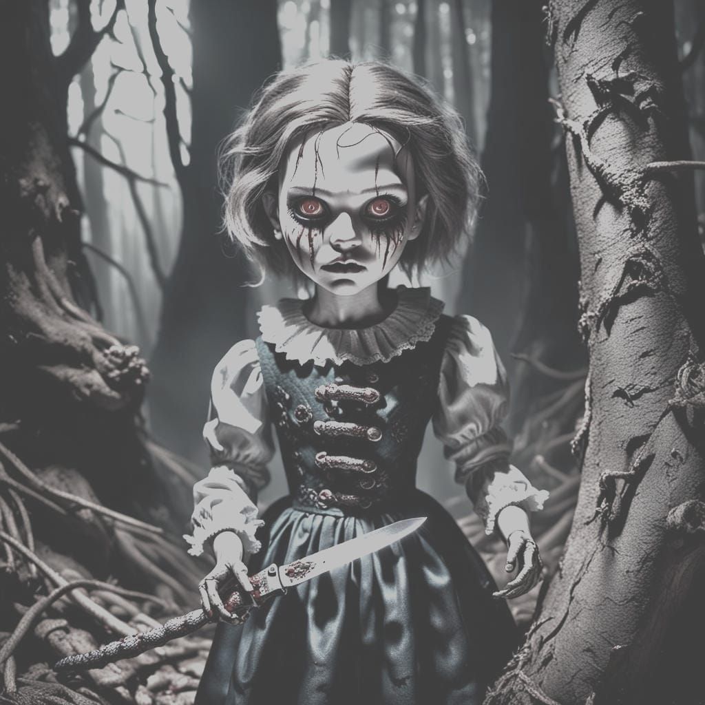 Creepy Snake-Eyed Doll with Knife: Detailed Matte Painting