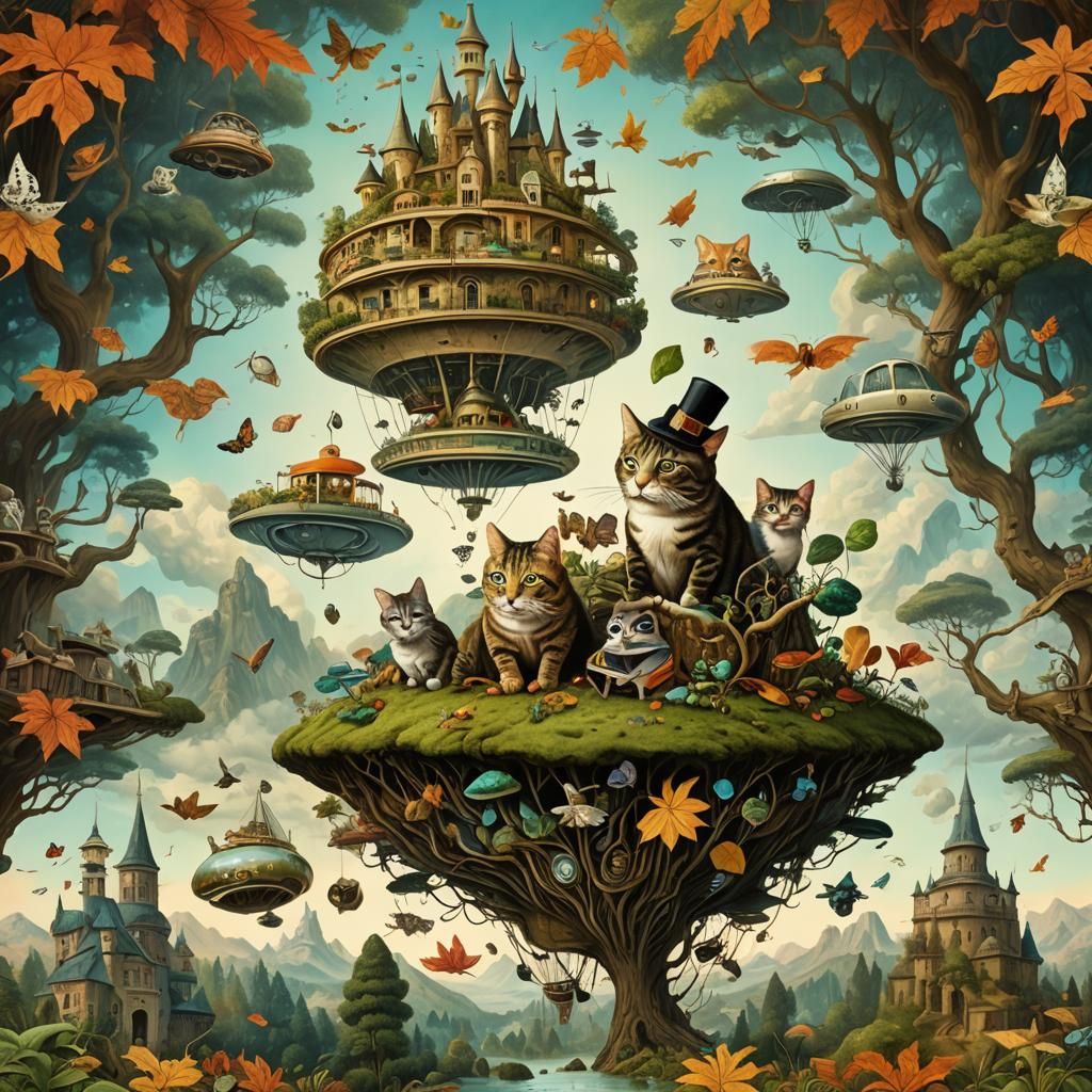 Psychedelic Cats and Frogs: Whimsical Ink Illustration