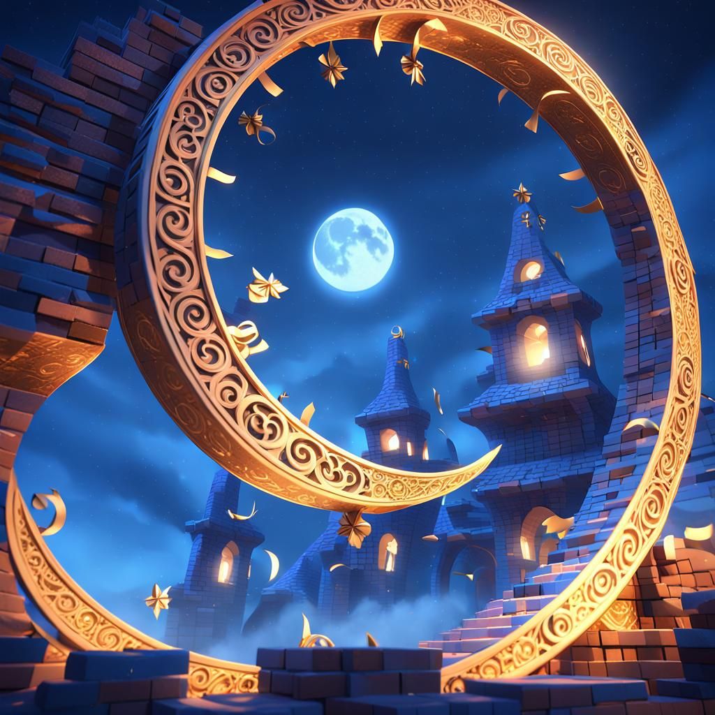 Mystical Moonlit Scene with Abstract Bricks