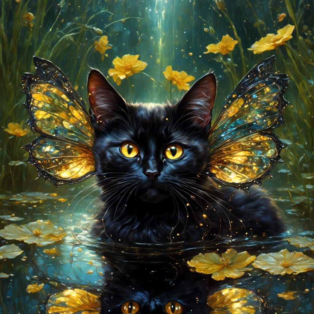 Black Cat with Fairy Wings Reflecting in Pond
