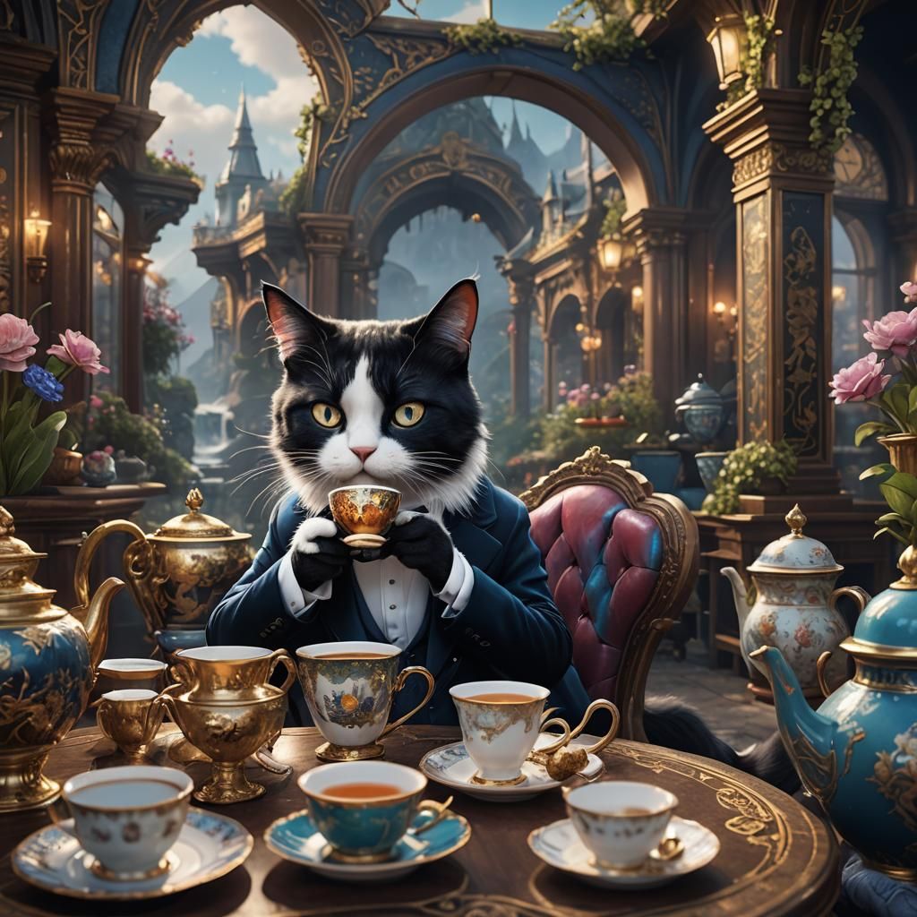 Cat in Tuxedo Drinking Tea: Dreamscape Painting