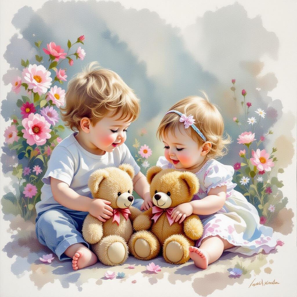 Ethereal Watercolour of Siblings with Teddy Bears and Flower...