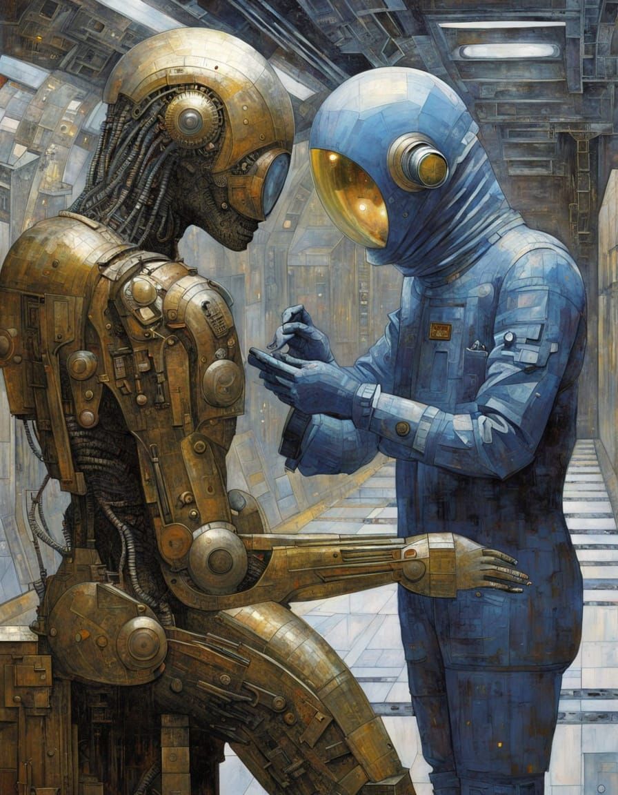 Surreal Figure in Alien Station, Picking Up Artifact