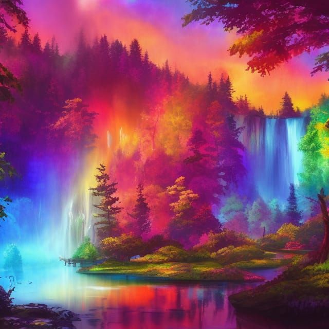 Rainbow Waterfall in Peaceful Forest, Watercolor Painting