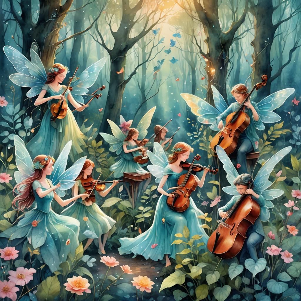 Enchanted Fairy Symphony in Dreamlike Watercolor Forest