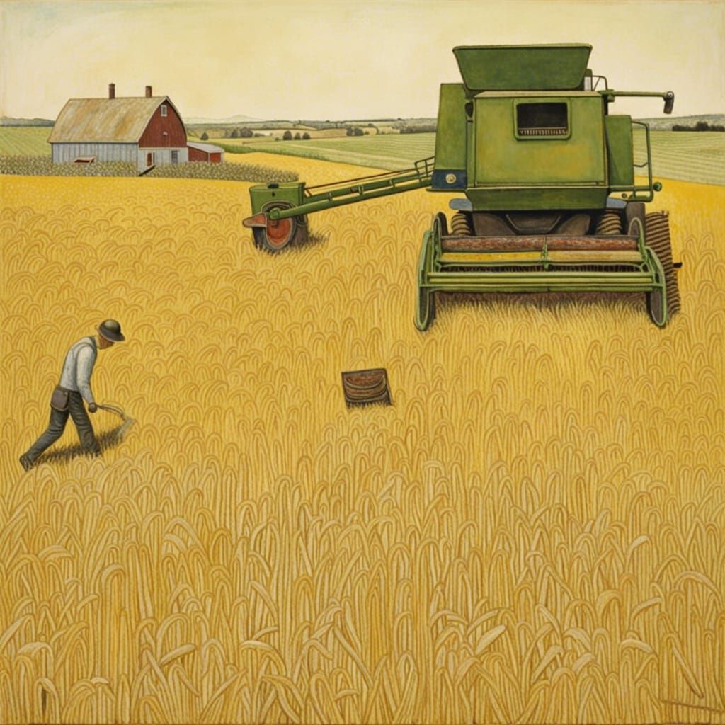 Combine Harvester in Folk Art Style