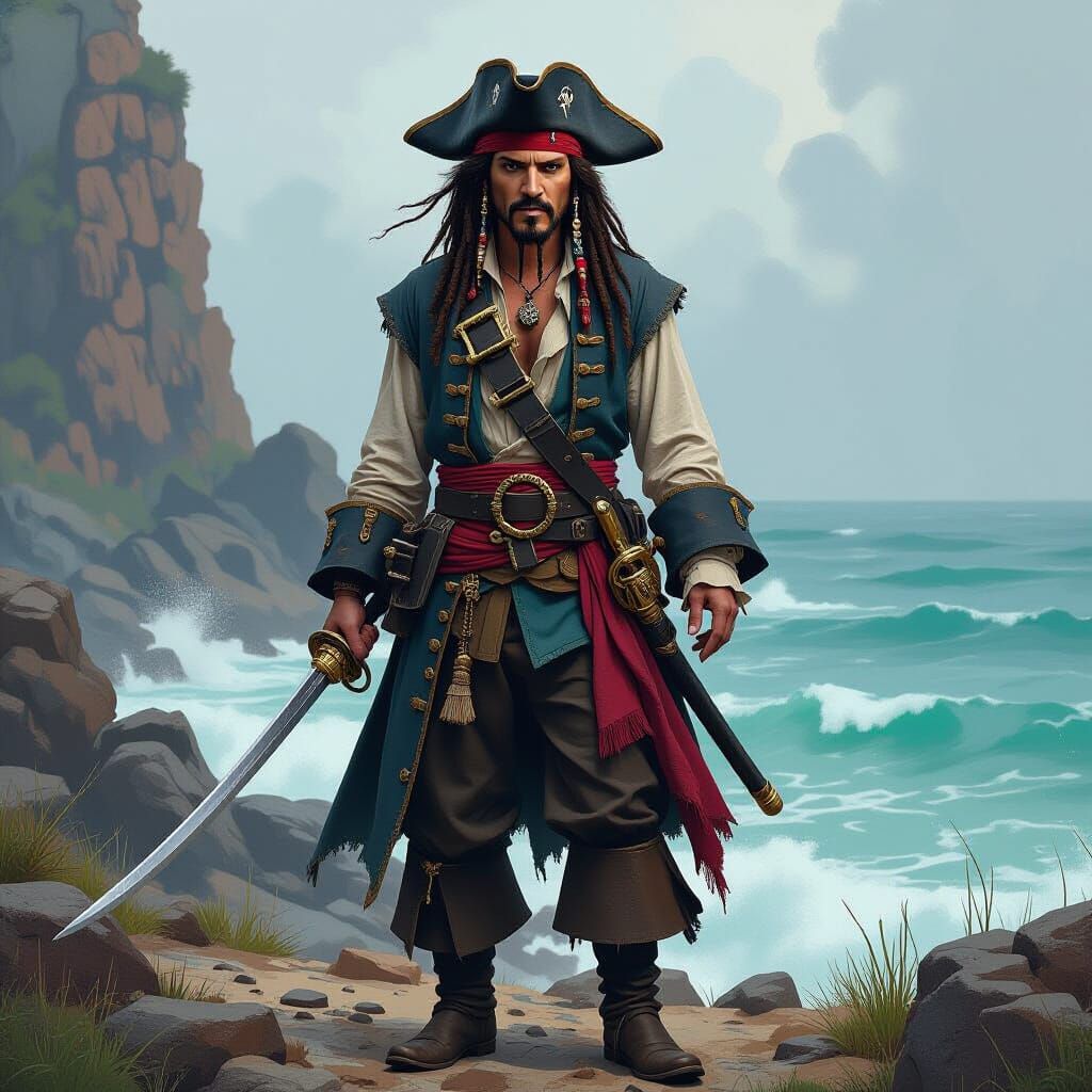 Pirate Captain on Rocky Coastline, Concept Art Style