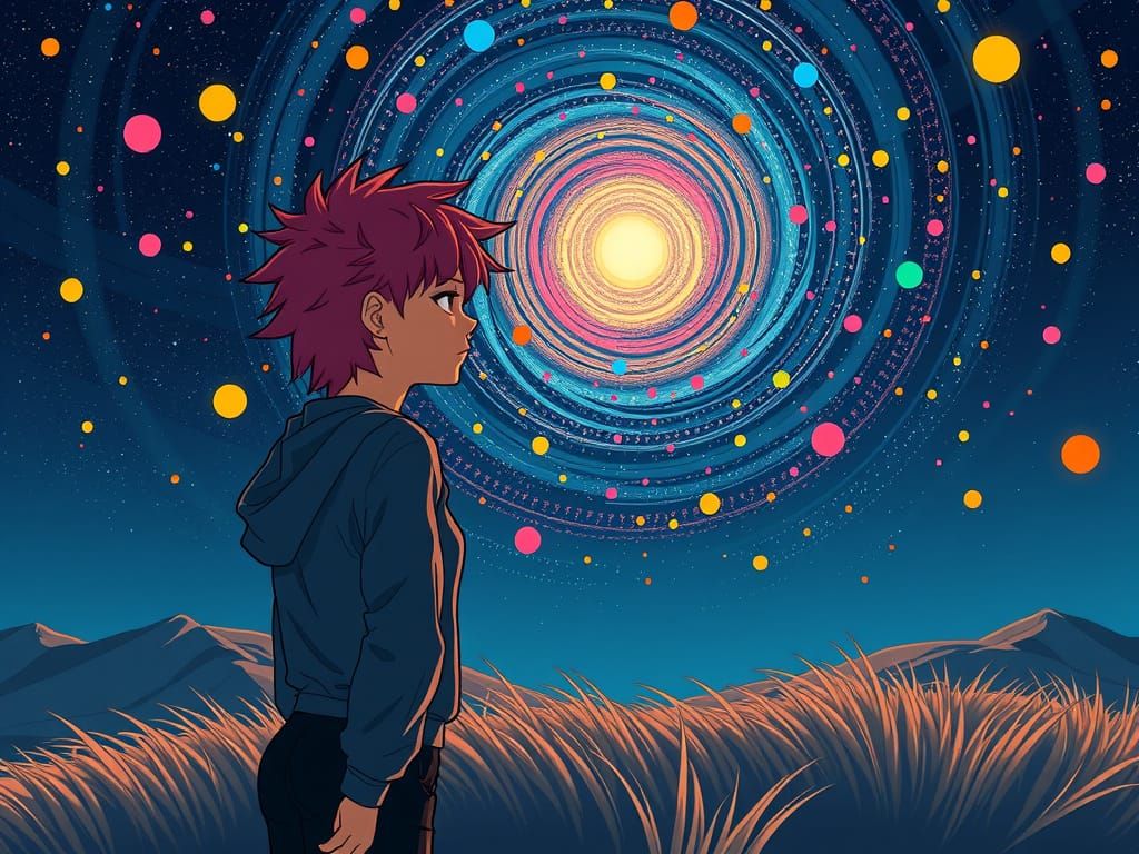 Woman Gazing at Vortex in Cel-Shaded Style