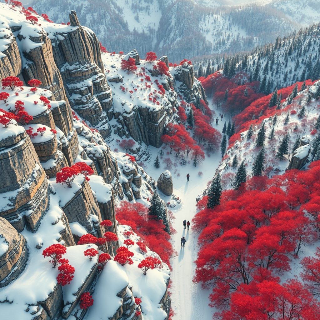 Snowy Landscape with Red Flowers in Watercolor Style