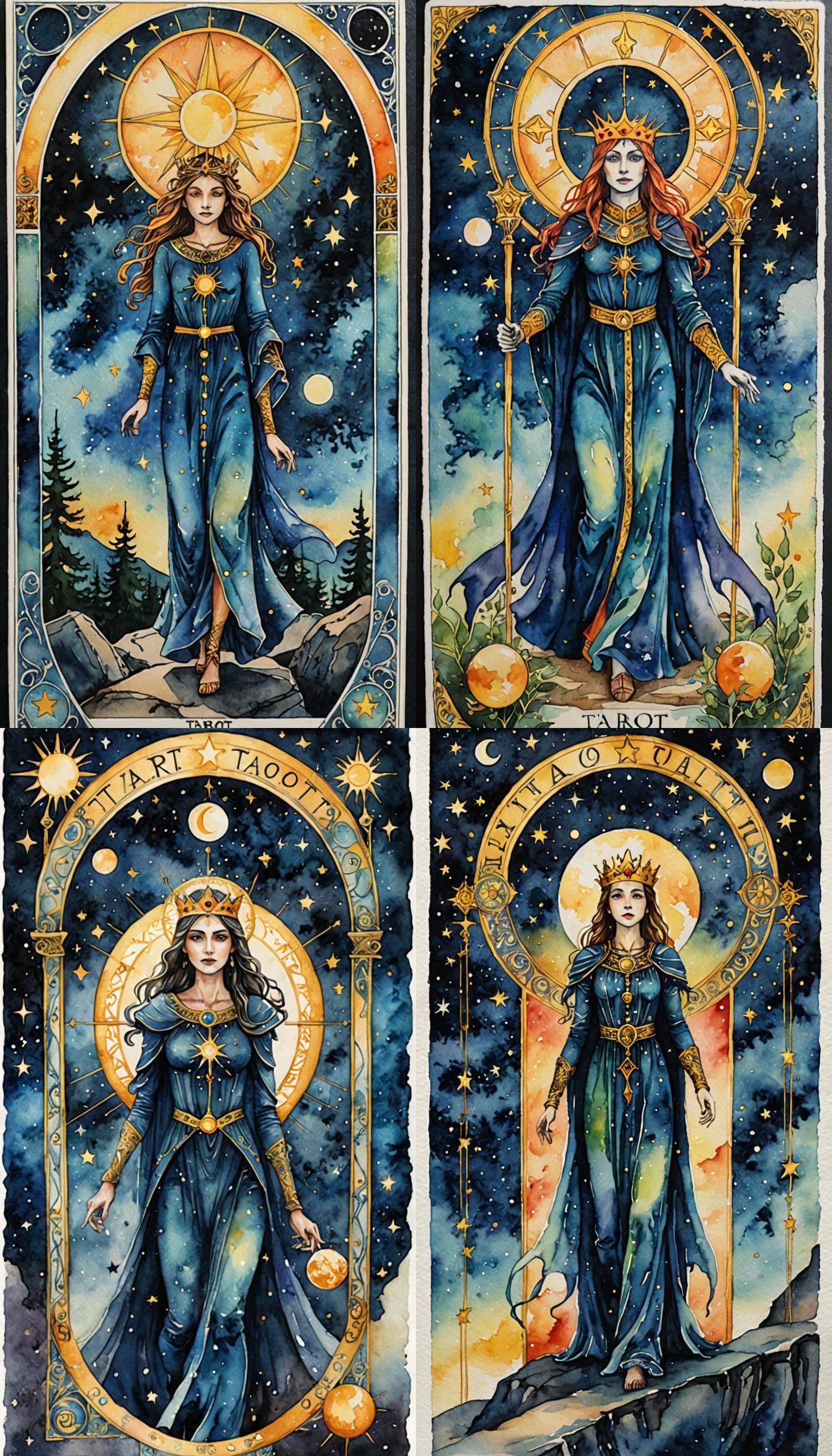 Watercolor Tarot Card of Starry Night Silhouette