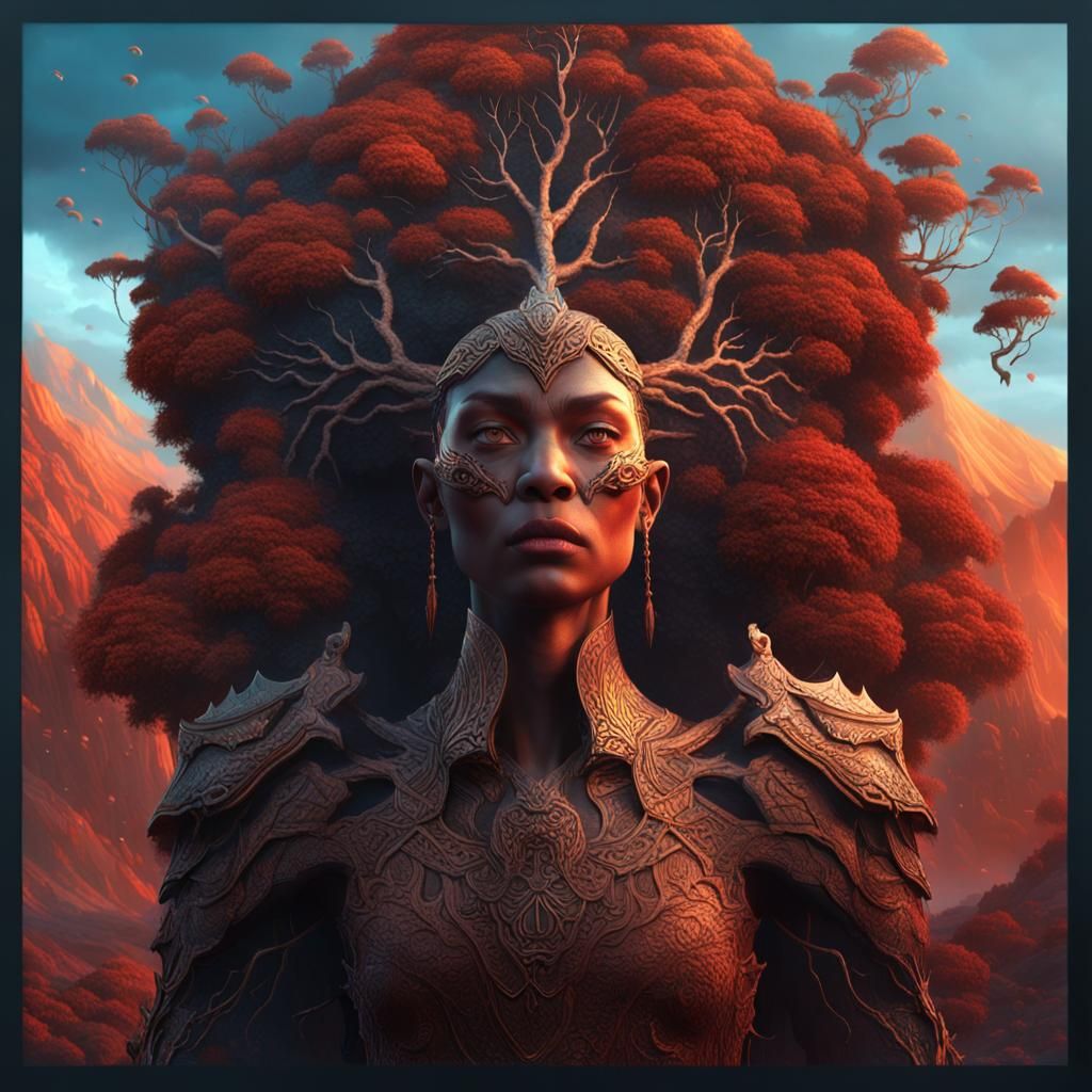 Sacred Warrior Woman Transmits Knowledge near Tree