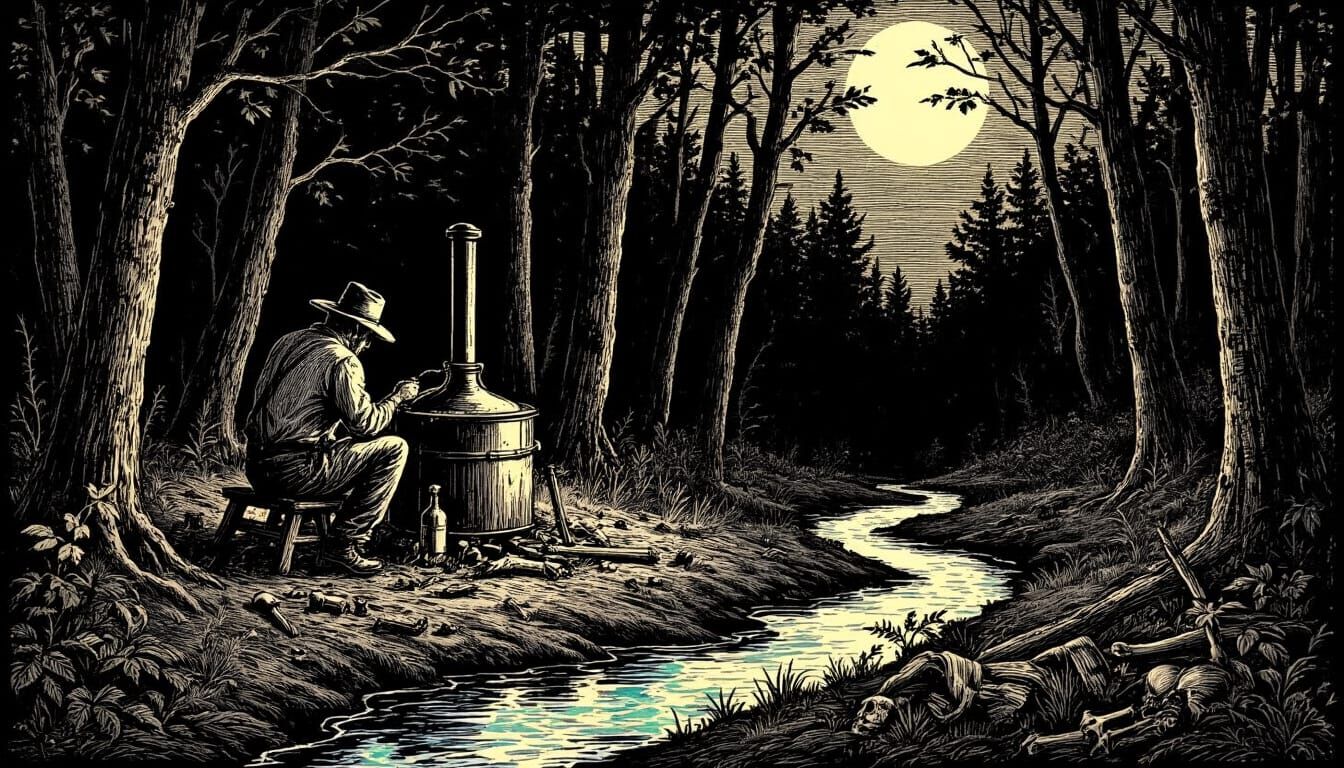 Moonlit Woodcut of Moonshiners and a Glowing Creek