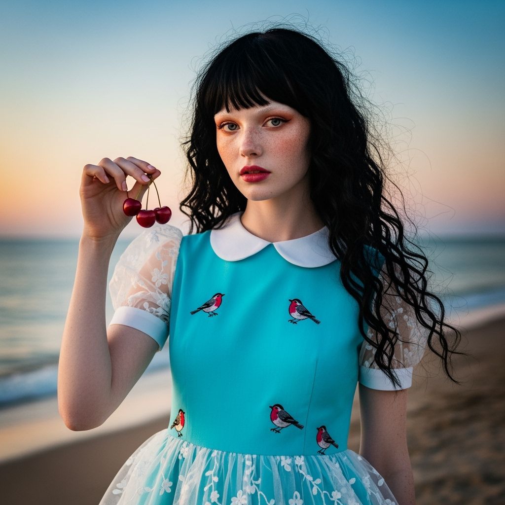 Sunset Beach: Young Woman in Turquoise Dress