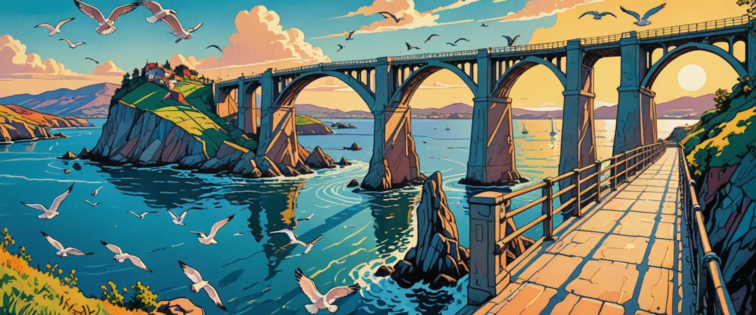 Island Bridge in Comic Book Style Watercolor