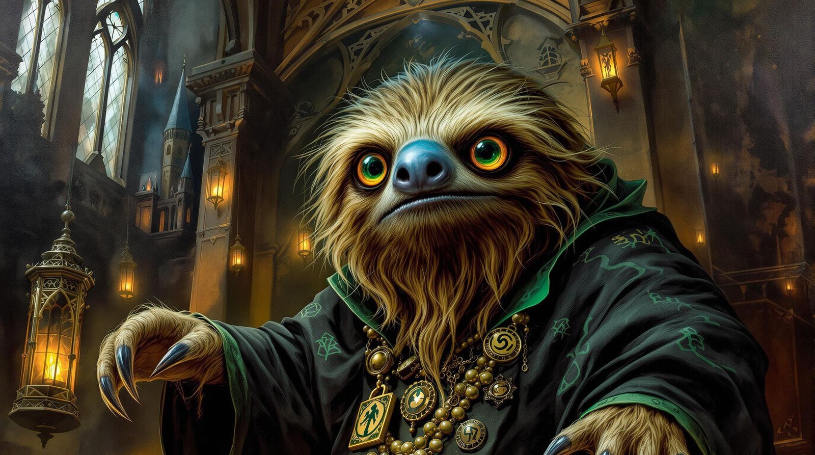 Ethereal Sloth in Slytherin Robes, Hogwarts Background, in V...