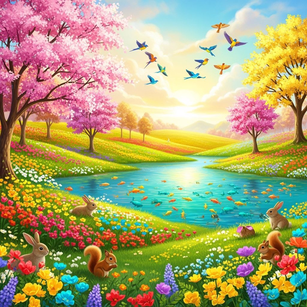 Enchanted Spring Meadow with Turquoise Lake and Blooming Tre...