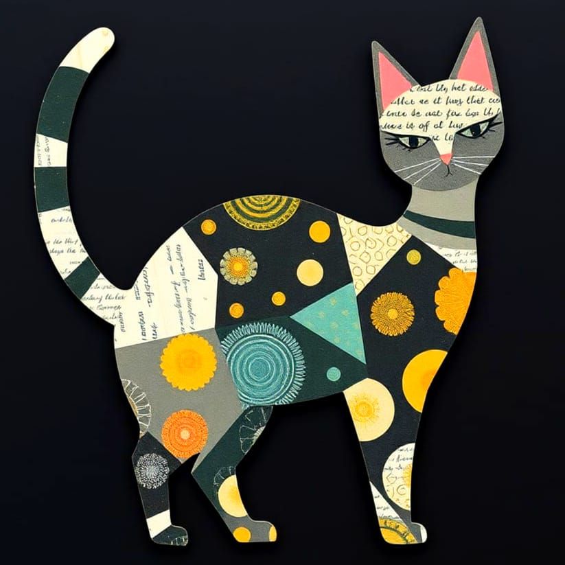 Whimsical Collage Cat in Dark, Moody hues
