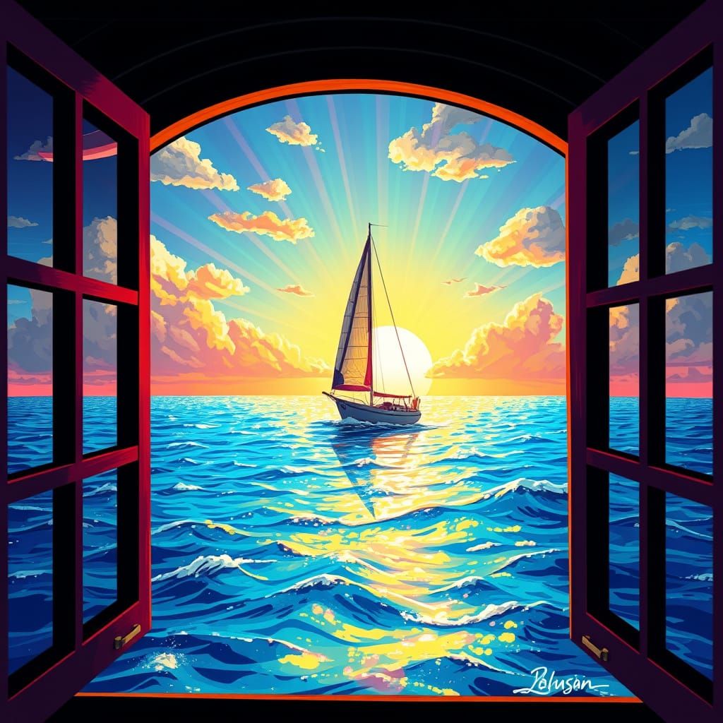 Whimsical Sailboat Scene in Vibrant Sunset Colors