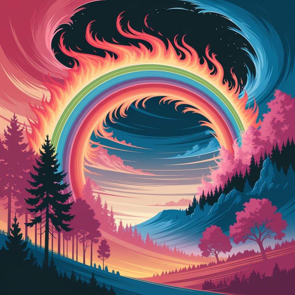 Surreal Rainbow Illuminates Twilight Fantasy Landscape