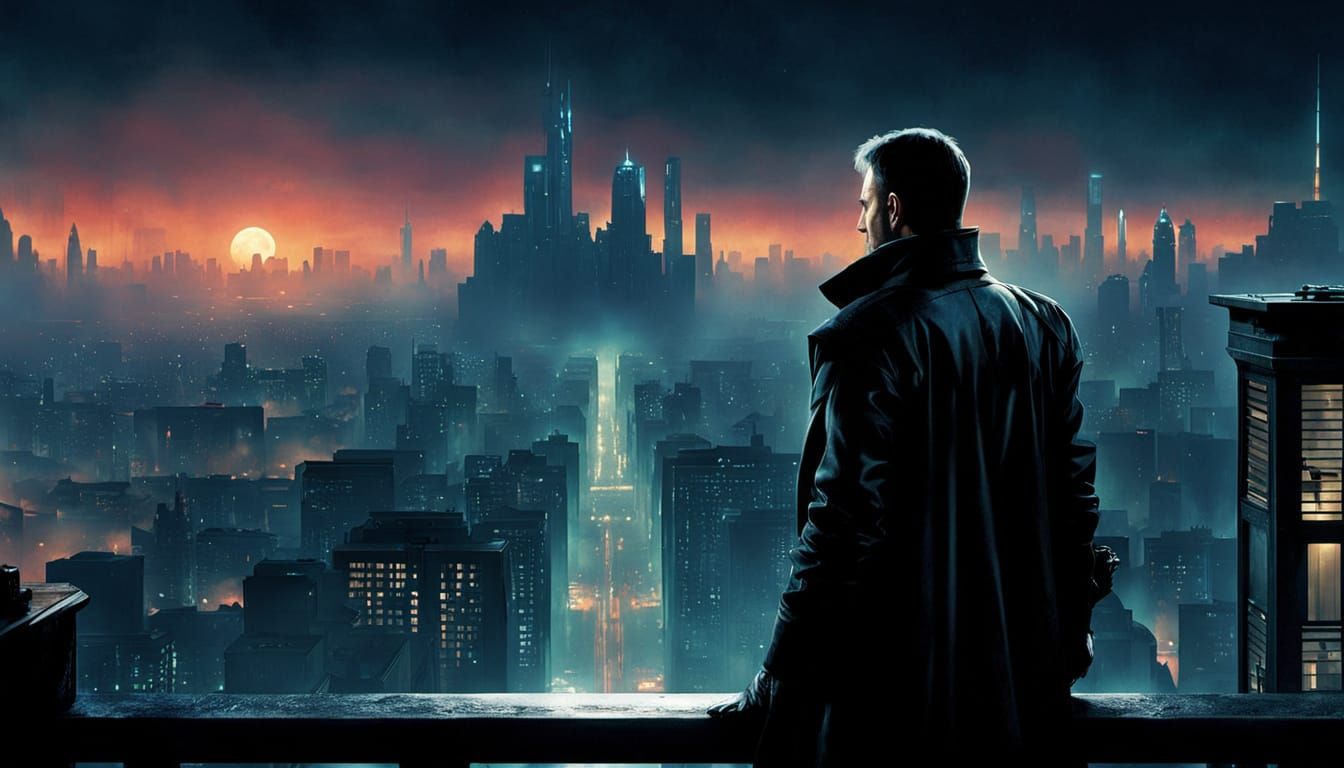 Neo Noir Cityscape from a Dystopian Balcony