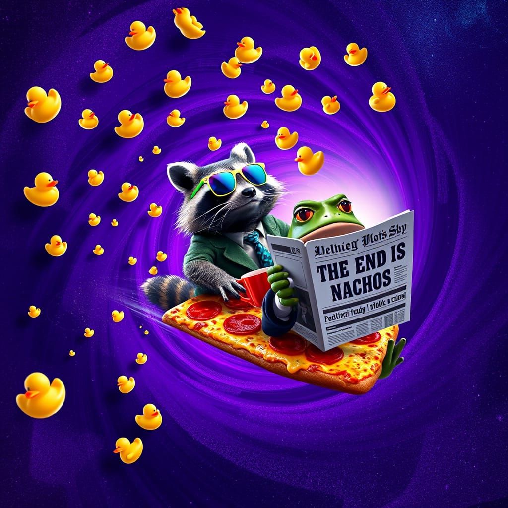Surreal Raccoon Pizza Ride Through Glittery Purple Wormhole