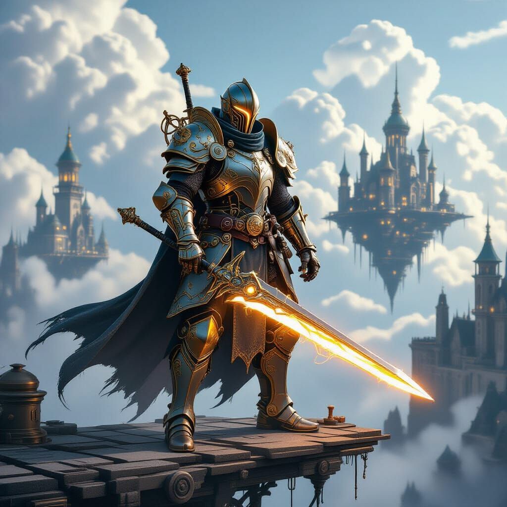 Steampunk Knight with Energy Sword on Sky-Bridge