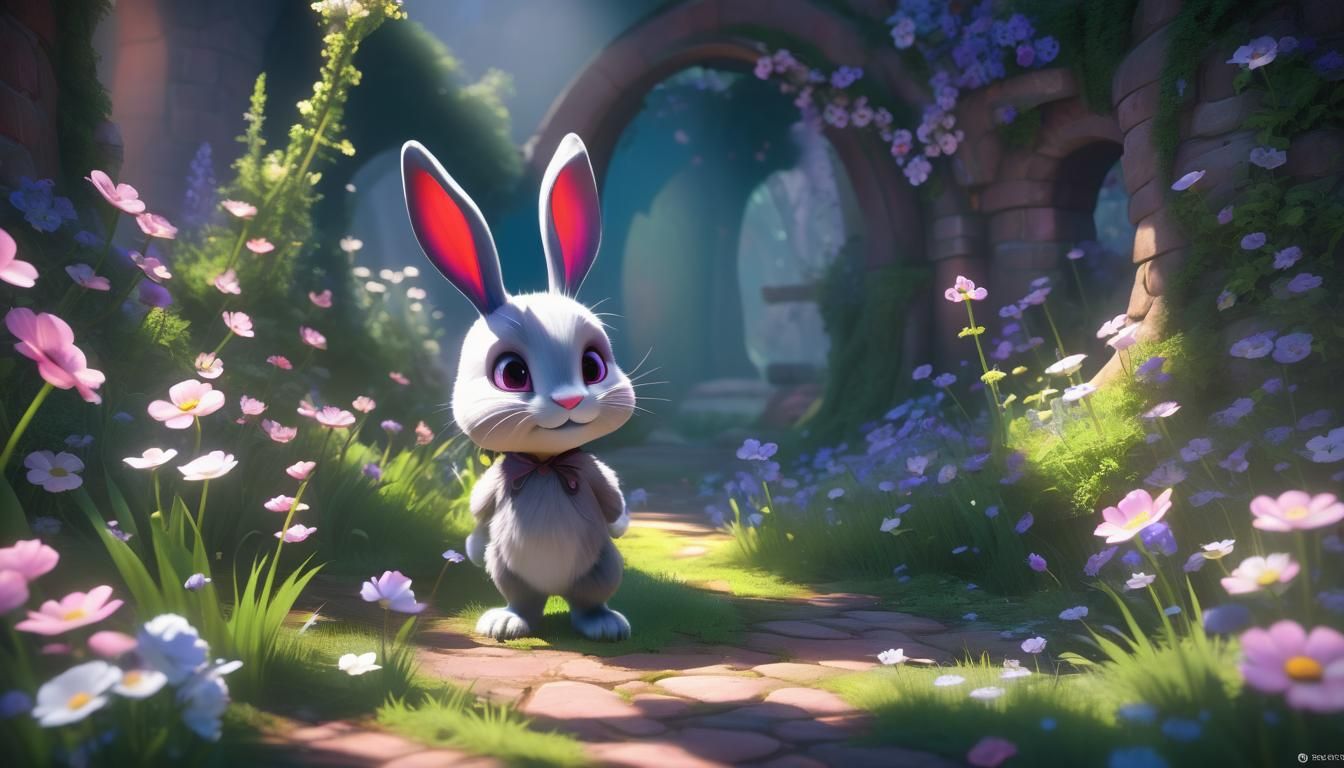 Cute Rabbit in Fairytale Flower View: Pixar Style