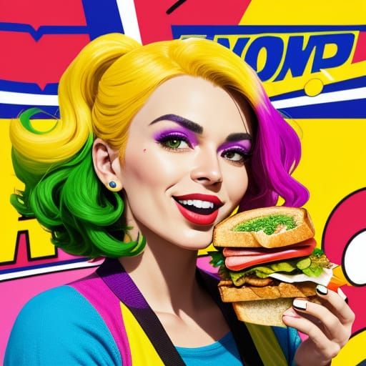 Vibrant Pop Art Woman Enjoying a Whimsical Sandwich