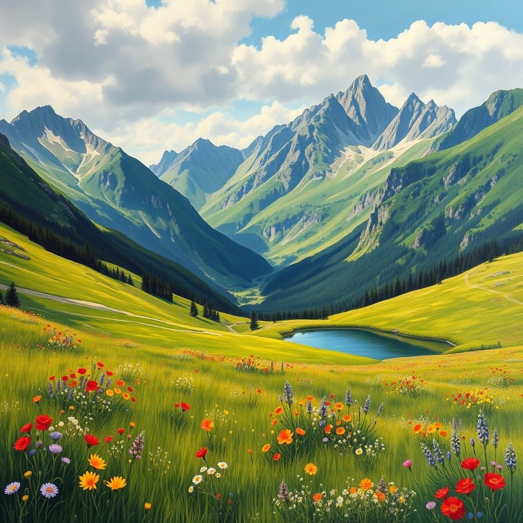 Surreal Landscape with Majestic Mountains and Wildflowers in...