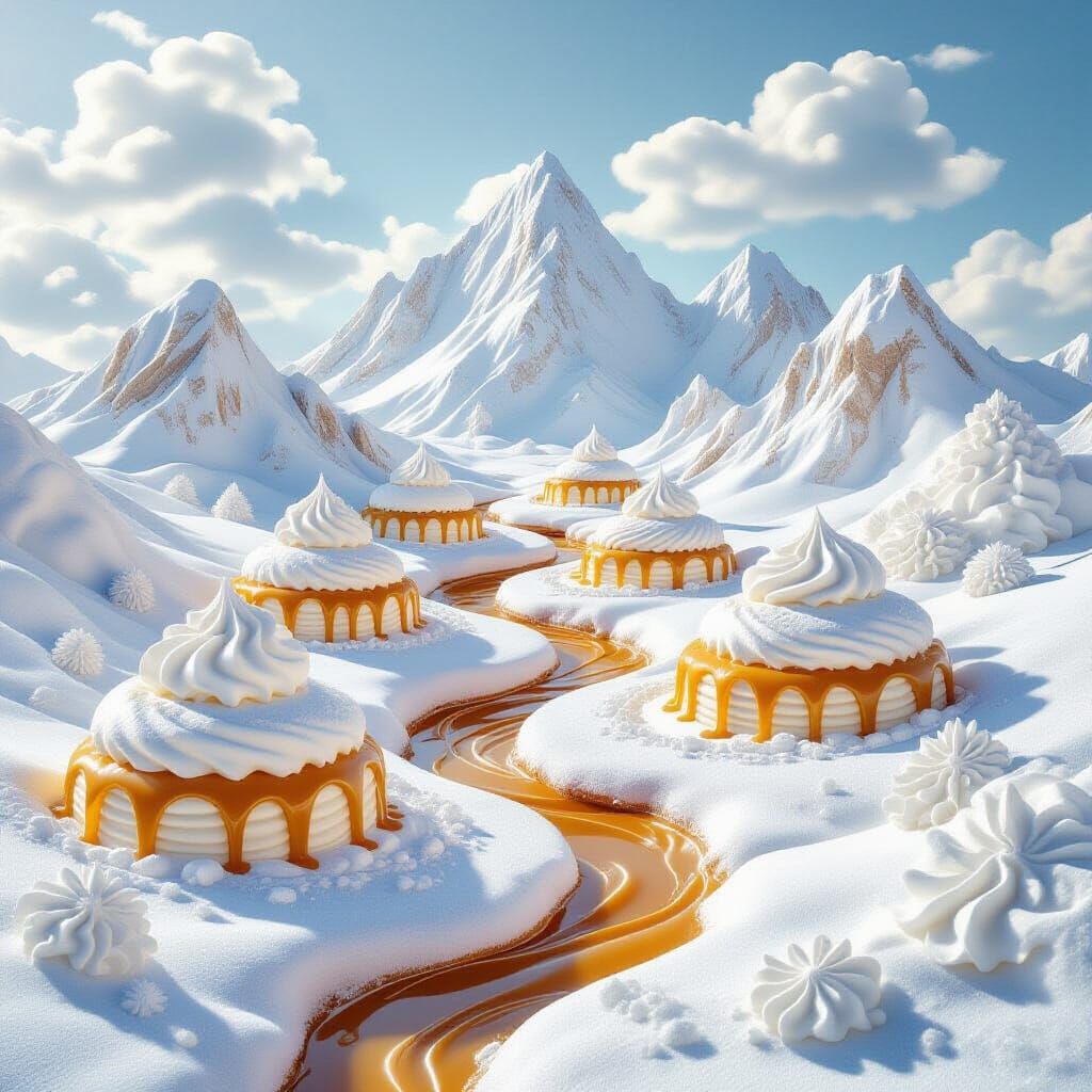 Surreal Meringue Mountains with Caramel Rivers