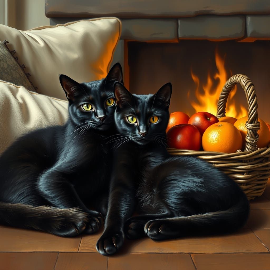 Cozy Domestic Scene with Realistic Black Cats and Fresh Frui...
