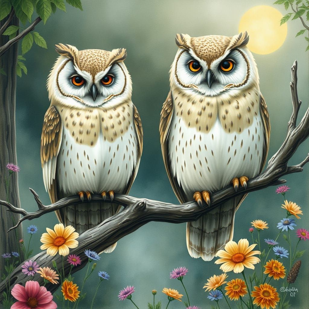 Whimsical Owls in Dreamlike Forest