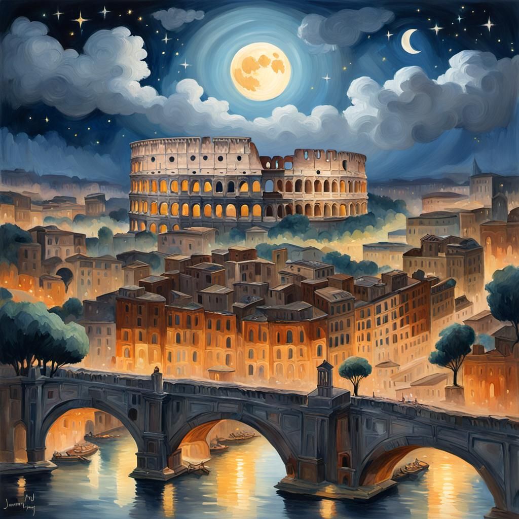 Moonlit Colosseum: An Impressionist Gouache Painting