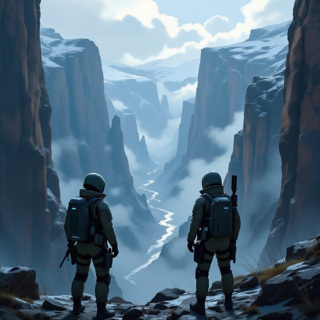 Operatives Guard Mystical Gorge in Futuristic Style